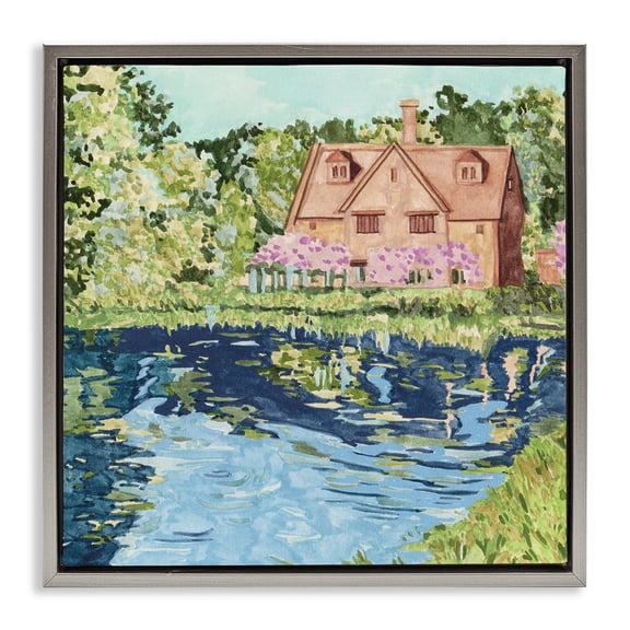 Stupell Industries Rustic Lodge Country Cottage & Pond Gray Floating Frame Canvas Art, 25 x 25, by Melissa Wang
