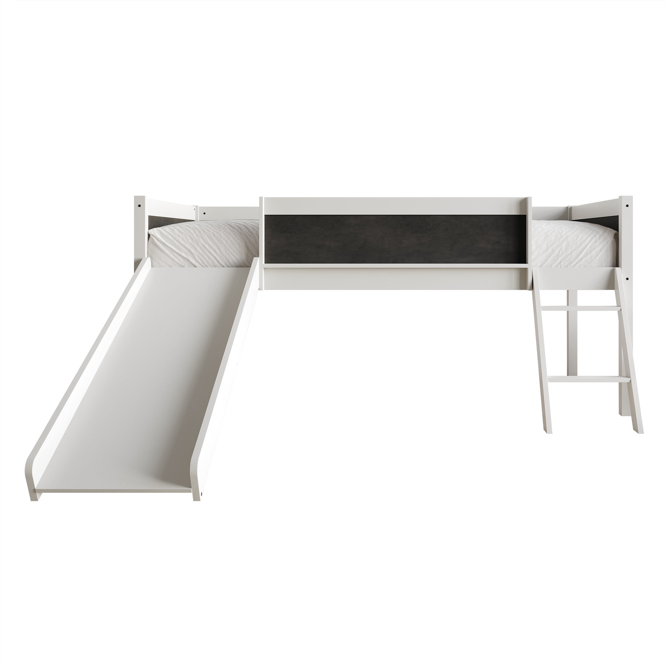 Castle Place Wooden Twin Junior Loft Bed with Chalkboard and Slide, White