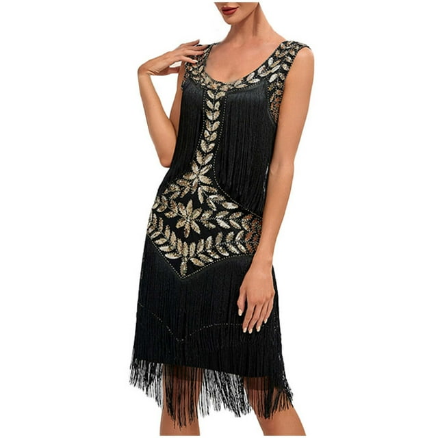 Pisexur Robe Sans Manches à Col Rond Hauteur Genou Women Robe Sans Manches à Col Rond à Paillettes avec Franges Robe de Fête Robe de Banquet Robe de Danse Robe Mini Women Robe