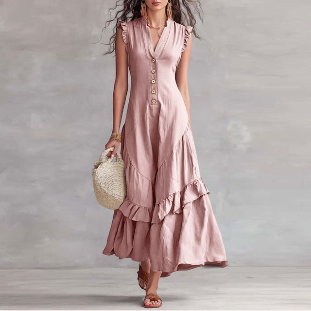 XiYing Robes d'Été pour Femmes, Robe Maxi Classique à Col en V Sans Manches pour Femmes avec Accoudoirs à Volants et Détail de Boutons devant pour Vacances d'Été, M-TTG,