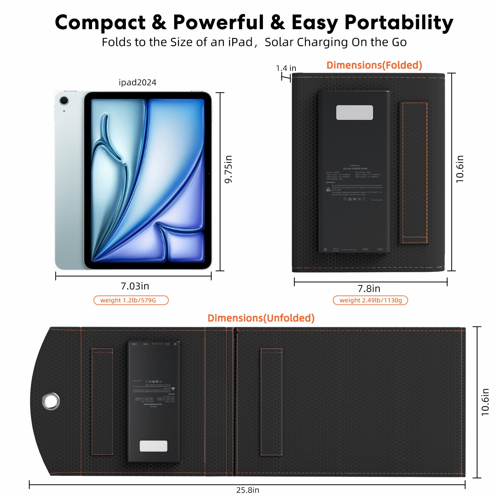 SOLPOWBEN Solar Panels With 10000mAh Power Bank,Waterproof Solar Panel Charger with USB & Type-C Ports,Compatible with iPhone ipad Camera, Suitable for Camping, Hiking, Backpacking (Orange)