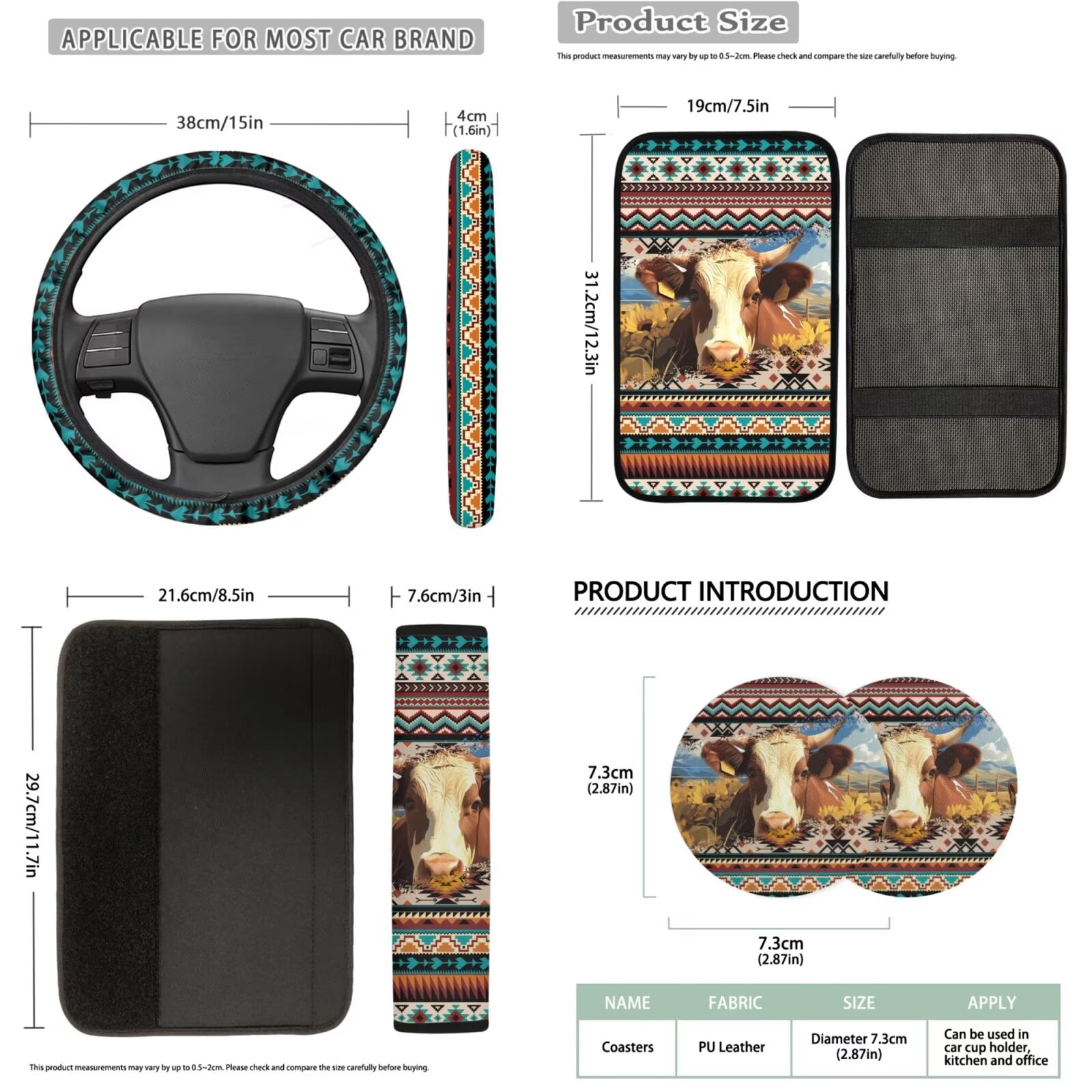 Binienty 14 PCS Aztec Cow Print Vehicle Seat Covers with 15 Inch Steering Wheel Cover Breathable Center Console Cushion Seat Headrest Covers Keychain Vehicle Interior Accessories Set