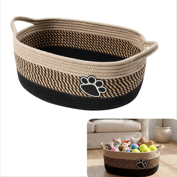 Handmade Small Woven Baskets for Organizing, Cute Cotton Rope Storage Basket with Handle - Light Beige, Perfect Dog Toy Bin & Cat Toy Basket for Home Decor