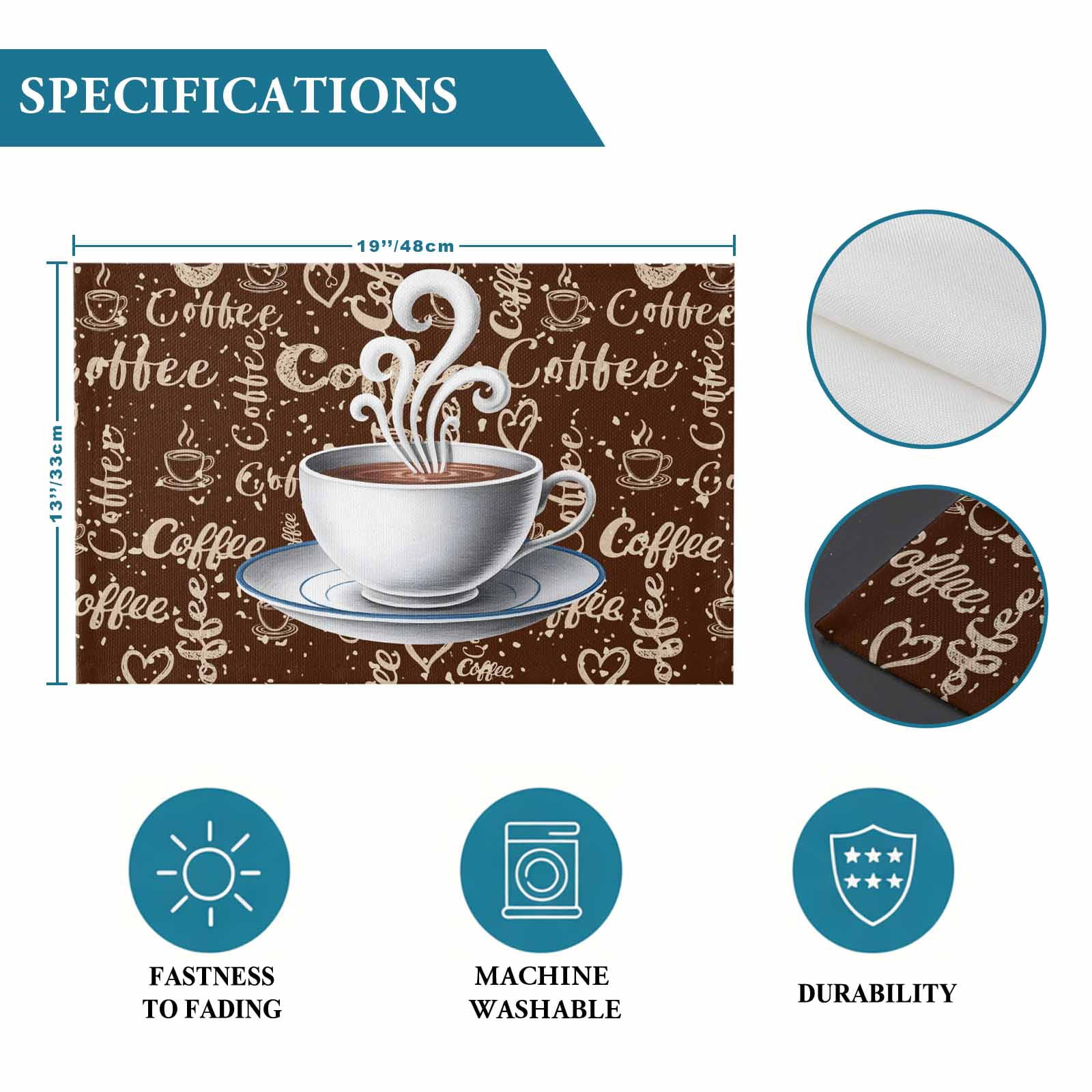 Placemat Set of 4 Coffee Theme Vintage Placemats for Dining Table Retro Country Brown Washable Table Mats for Kitchen and Party Decor Indoor & Outdoor Use