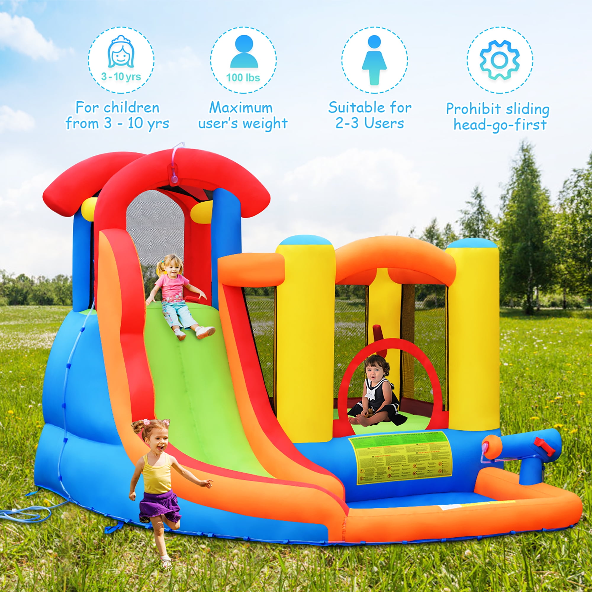 Costway Inflatable Bounce House Kid Water Splash Pool Slide Jumping Castle  w/740W Blower 