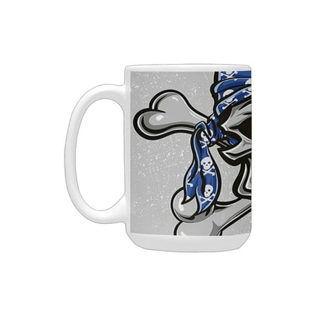 

Skull Scallywag Pirate Dead Head Grunge Horror Icon Evil Sailor Crossed Bones Kerchief Blue Grey Bla Ceramic Mug (15 OZ) (Made In USA)