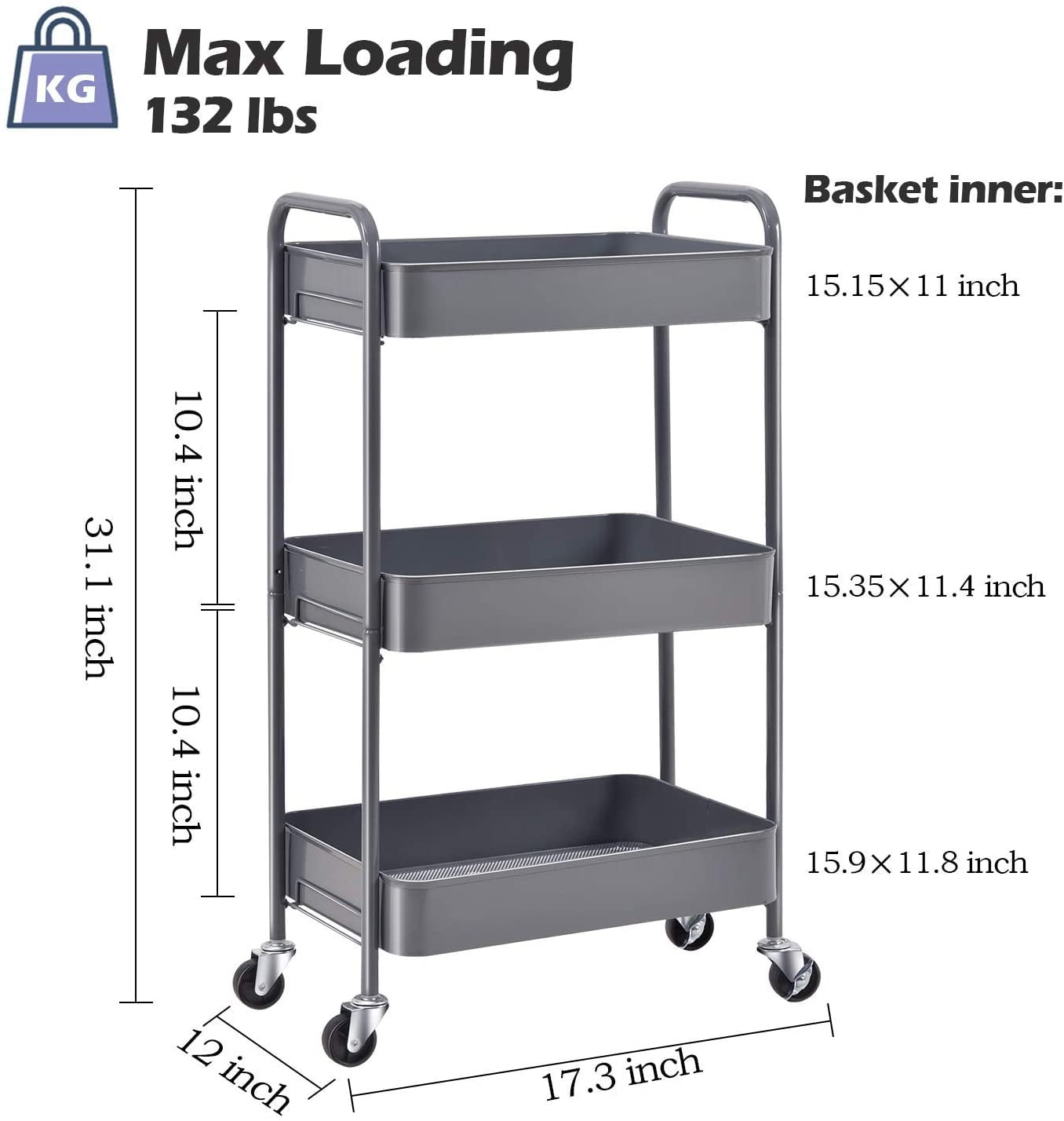 KK KINGRACK 3-Tier Rolling Cart, Metal Utility Cart with Wheels ,Office School Organizer, Grey