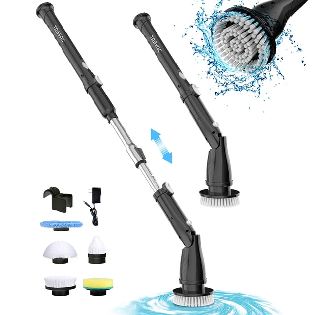 Limpiadora Eléctrica Giratoria TASVAC Negra Impermeable IPX5, Mango Largo + 5 Cabezas Intercambiables | Baño, Azulejos, Pisos