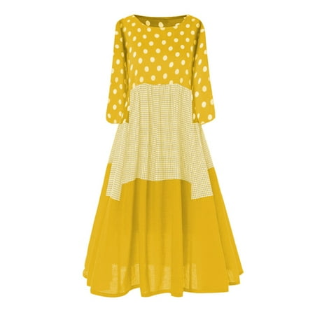 Winter Dresses for Women 2022 Women Vintage Bohe Wave Point Print Dress Long Sleeves O-Neck Maxi Dress Winter Dress Cotton Yellow 4Xl