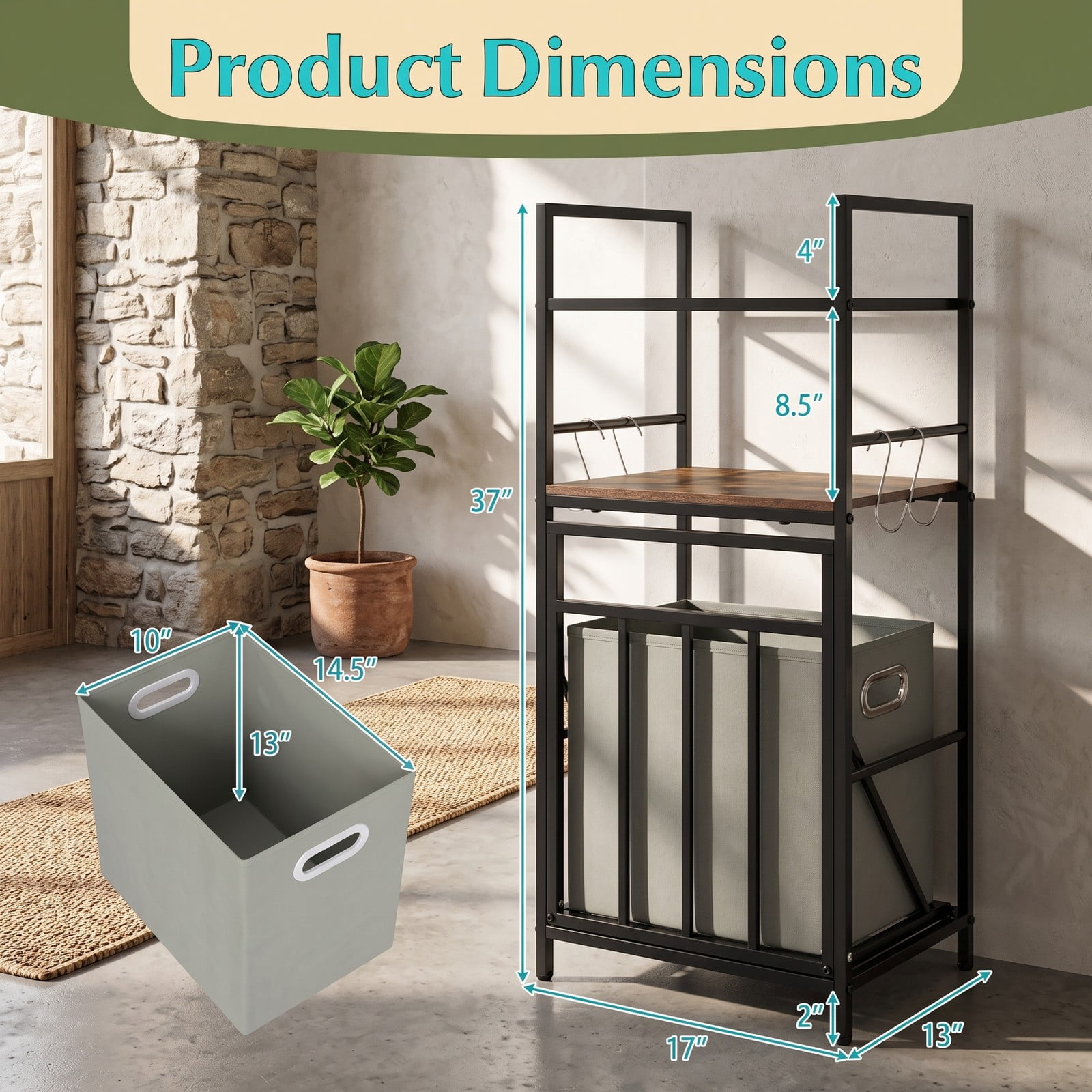 Fenbeli 2-Tier Laundry Hamper with Tilt-out Basket, Metal Wood Laundry Sorter with 9.5-Gallon Removable Bag and 4 S-Hooks, Free-Standing Clothes, Black Rustic Brown
