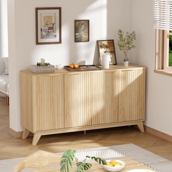 Fluted Oak Sideboard Cabinet with 4 Doors and Adjustable Shelves, Standard