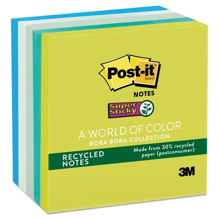Post-it Notes Super Sticky Recycled Notes in Bora Bora Colors, 3 x 3, 90-Sheet, 5/Pack