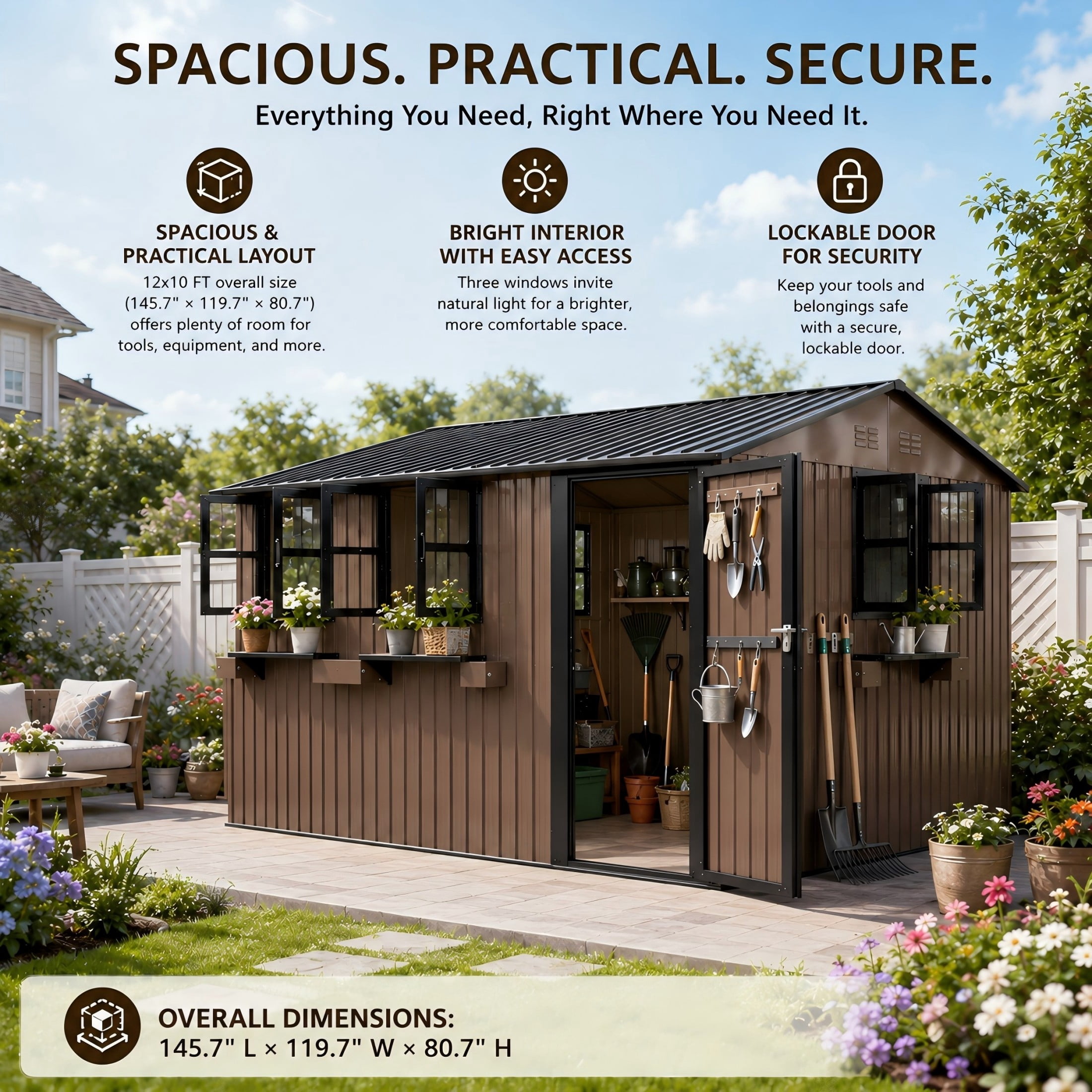 Aukfa 12x10 FT Outdoor Metal Storage Shed with 3 Windows & Flower Racks, Lockable Steel Garden Tool Shed for Lawn Mowers, Bikes and Patio Equipment, Brown