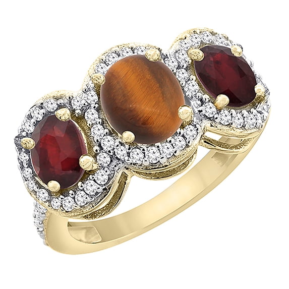 10K Yellow Gold Natural Tiger Eye & Enhanced Ruby 3-Stone Ring Oval Diamond Accent, size 6