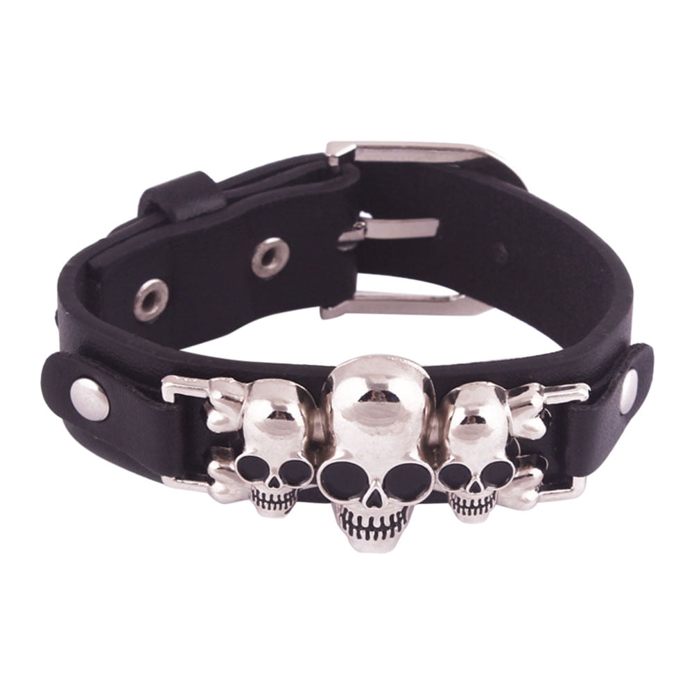 Punk goth style black crystal skull l pearl and bead stretch bracelet 