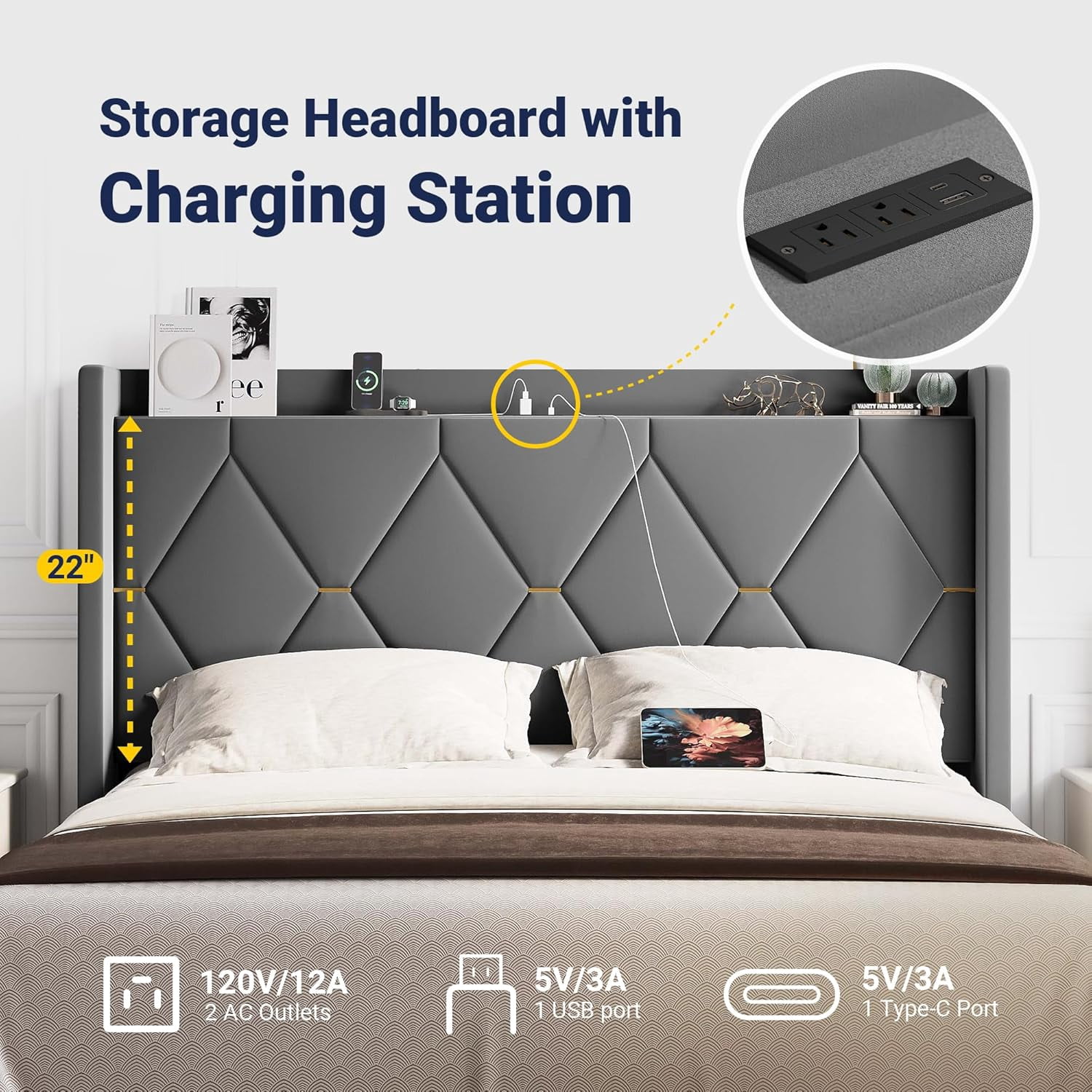 Allewie Velvet Queen Size Upholstered Bed Frame with Wingback Storage Headboard & Charging Station, Platform Bed with Diamond Tufted Design & Gold Trim, No Box Spring Needed, Easy Assembly, Grey