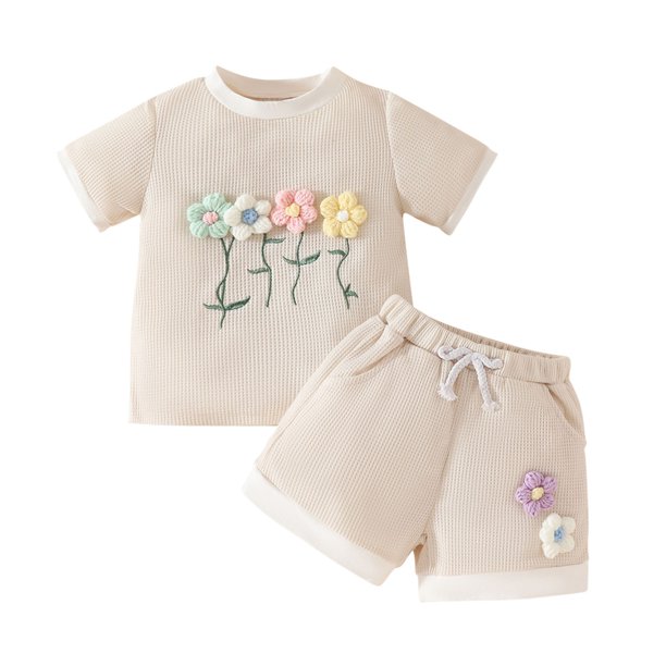 Odeerbi 9M-4Y Niños Niñas Verano Conjuntos Bordado de Flores Manga Corta Camiseta Pantalones Cortos Conjunto de Dos Piezas