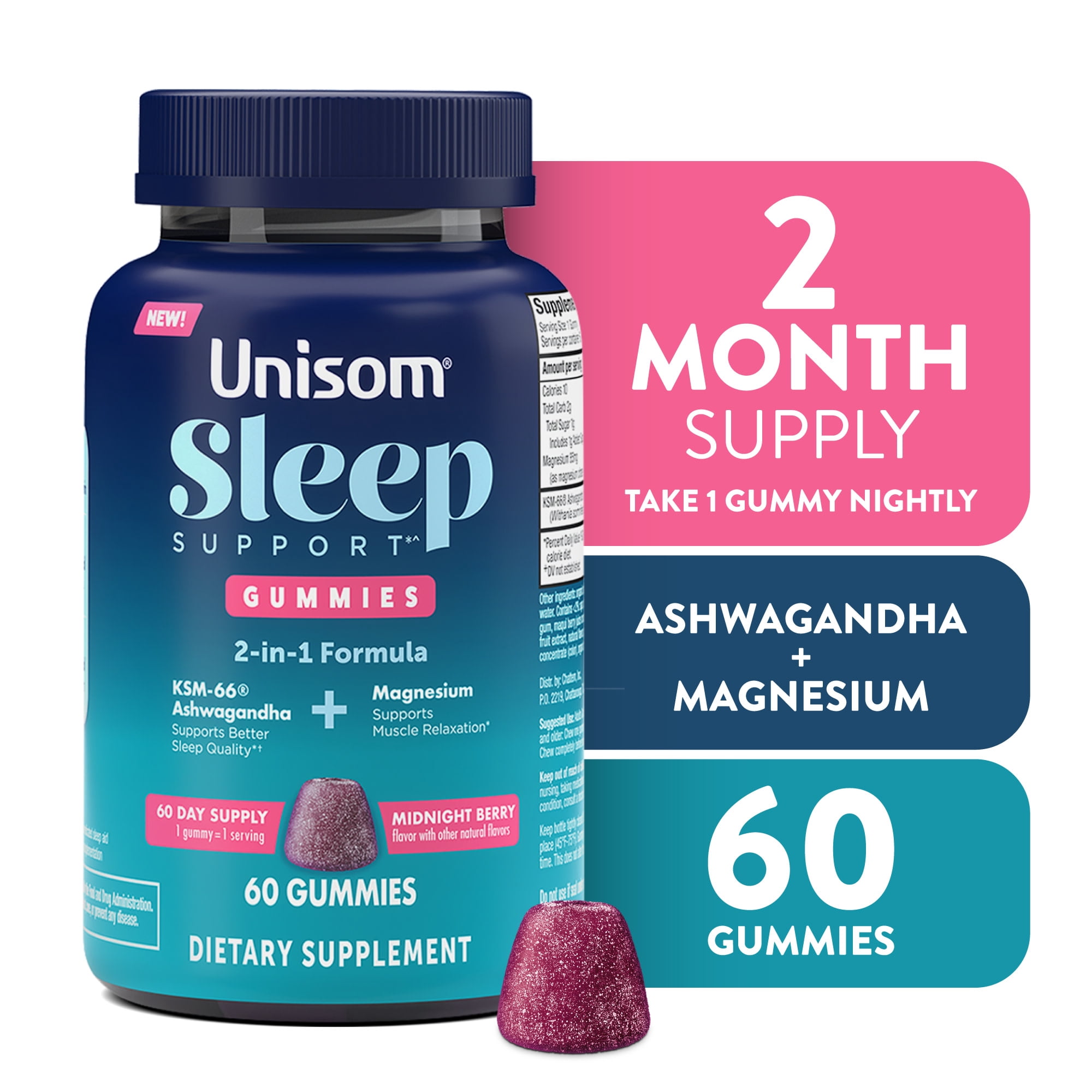 Unisom Sleep Support Gummies, 2-in-1 Magnesium Ashwagandha Drug-Free Formula, Supports Healthy Sleep Routines, Midnight Berry Flavor, 60 Count