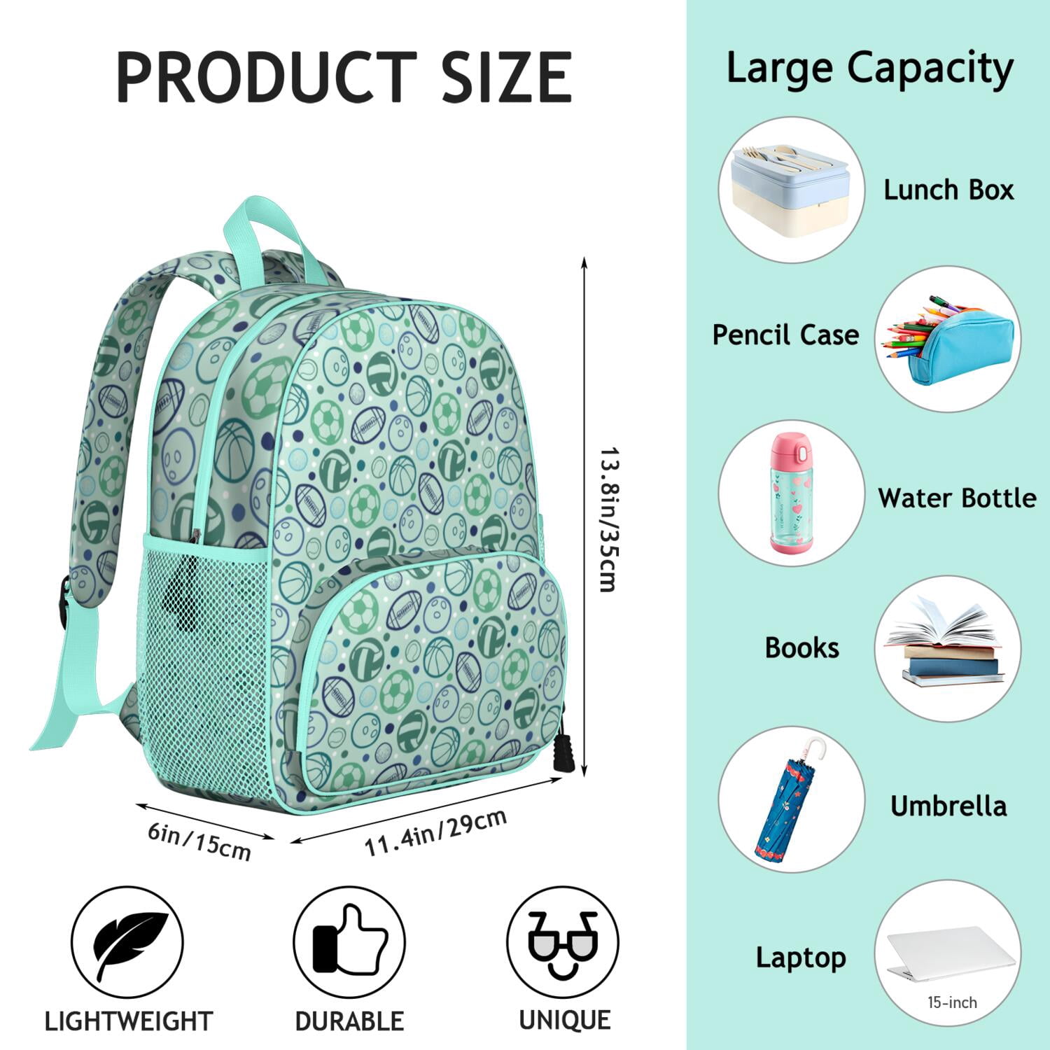 Waterproof Backpack for Students - Durable, Adjustable with Team Prints for Baseball, Football, and Soccer