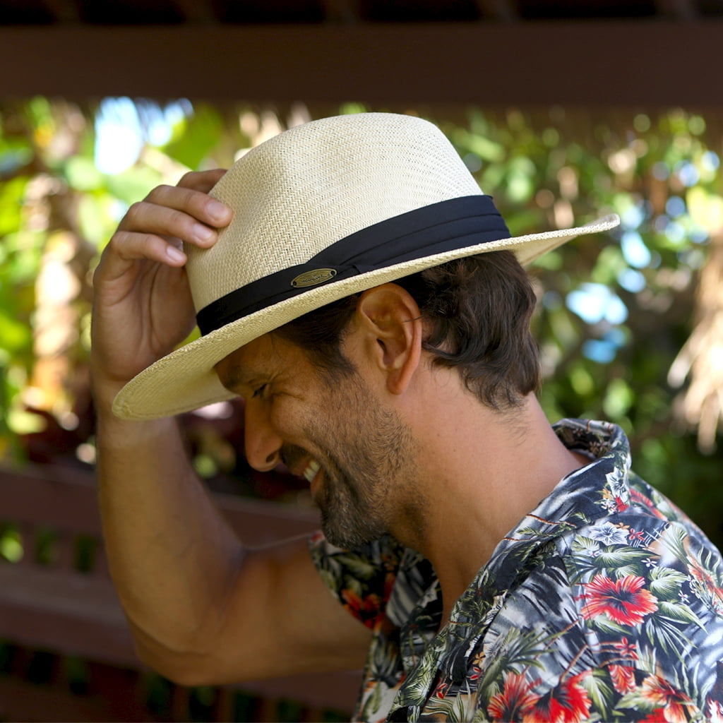 Panama Jack Matte Toyo Straw Safari Sun Hat with 3-Pleat Ribbon Band (Blue Band, Small/Medium)