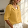 thumbnail image 5 of GERsome Short Sleeve T-Shirts for Women Button Down Summer Comfy Cotton Linen Summer Collared Tops,Yellow,Size XL, 5 of 9
