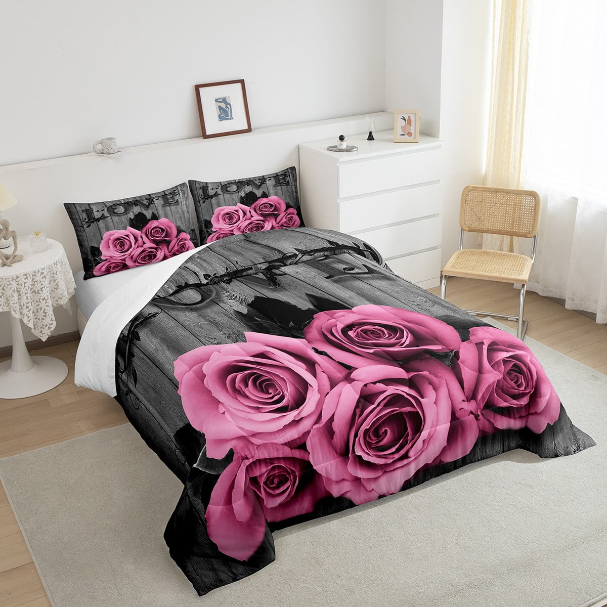 Erosebridal Pink Rose Bedding Set Queen Pink Grey Floral Comforter Set Valentine'S Day Wedding Bed Comforter Gifts Teen Women,Blossom Flower Quilt Duvet Rustic Farmhouse Room Decor 3 Pcs