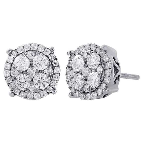 10K White Gold Diamond Circle Studs Cluster 9.60mm 4 Prong Earrings 1 Ct.
