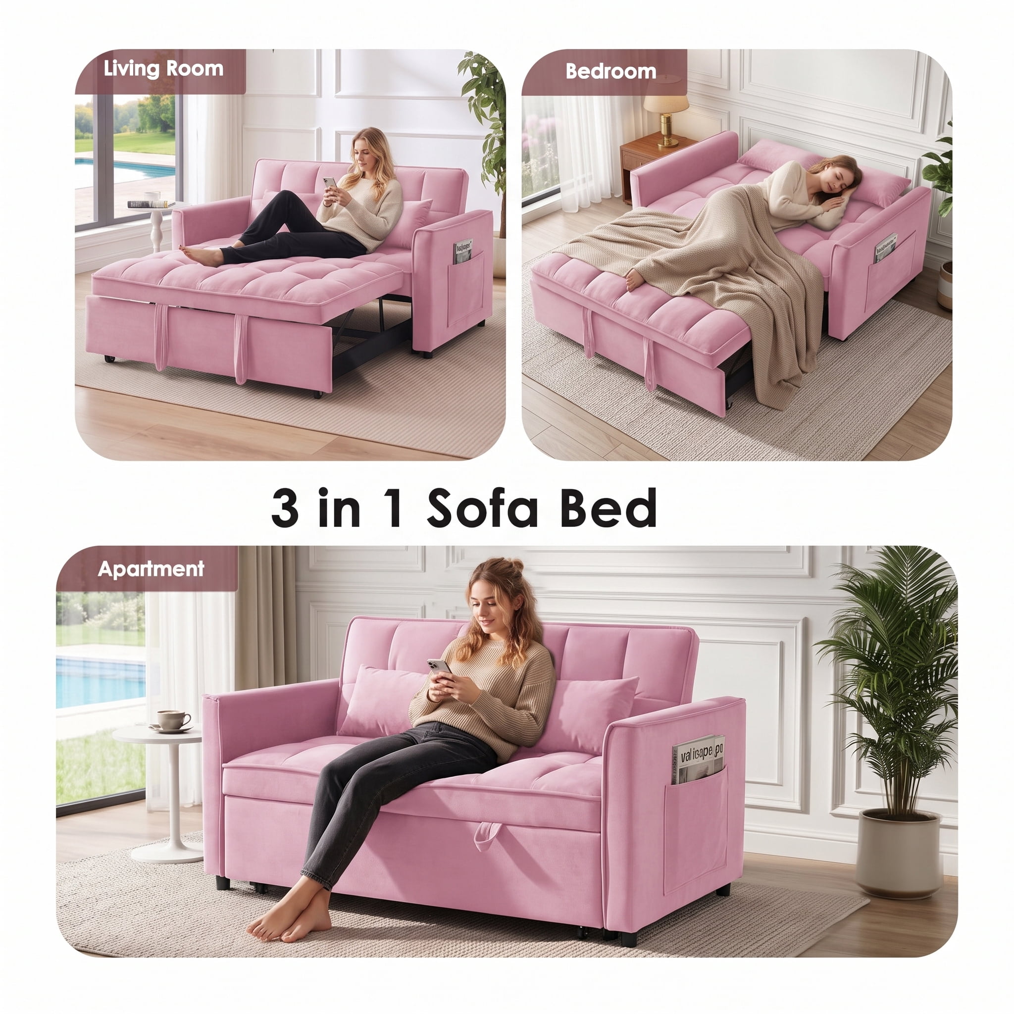 avobird 3 in 1 Convertible Sleeper Futon Sofa Bed, 55" Pull Out Sofa Bed with Storage Pocket/Side Pocket/2 Pillows for Living Room, Pink