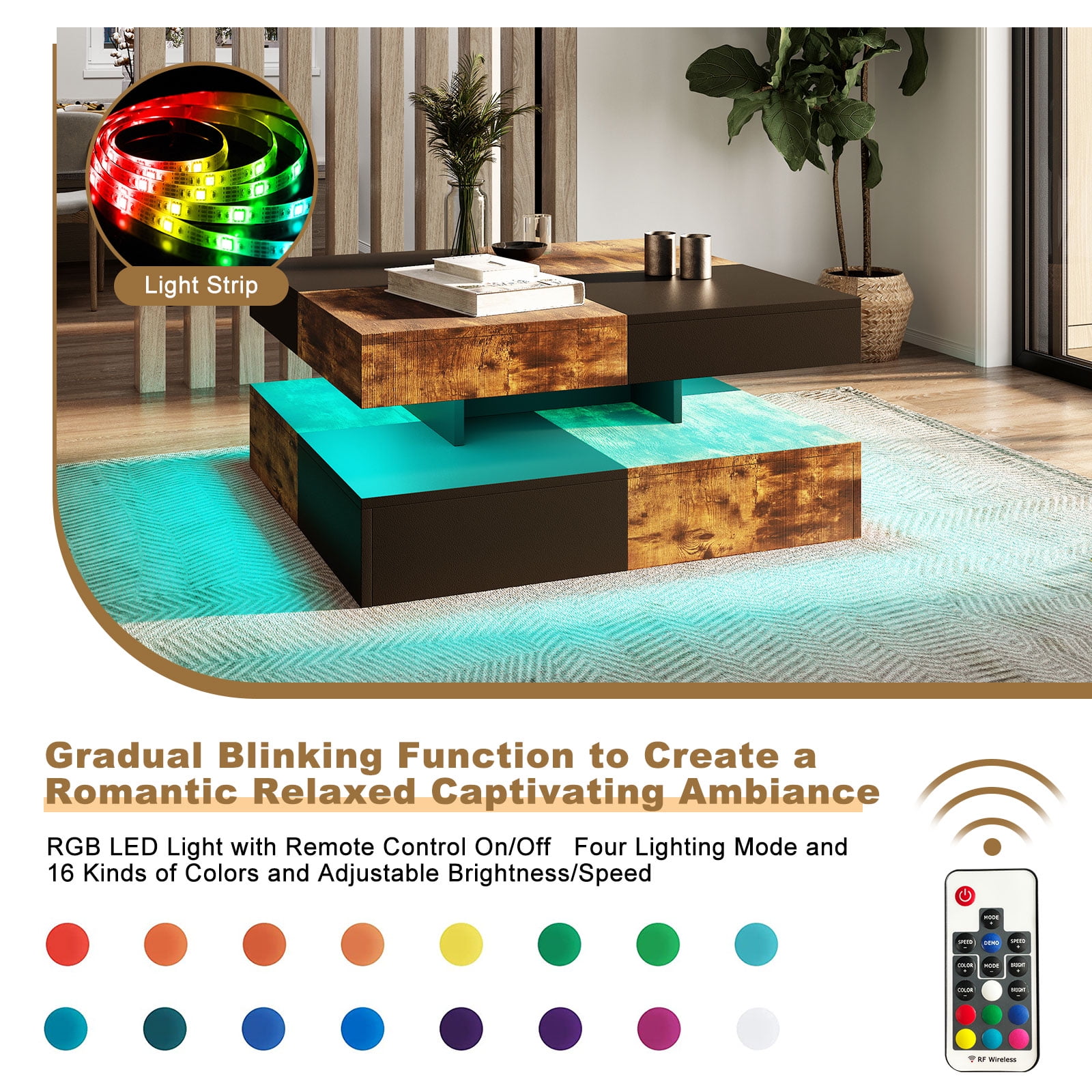 Hironpal Modern Rustic Brown Square LED Coffee Table - 2-Tier Storage, 16-Color LED Light, Contemporary Cocktail Tea Table for Home Office Reception
