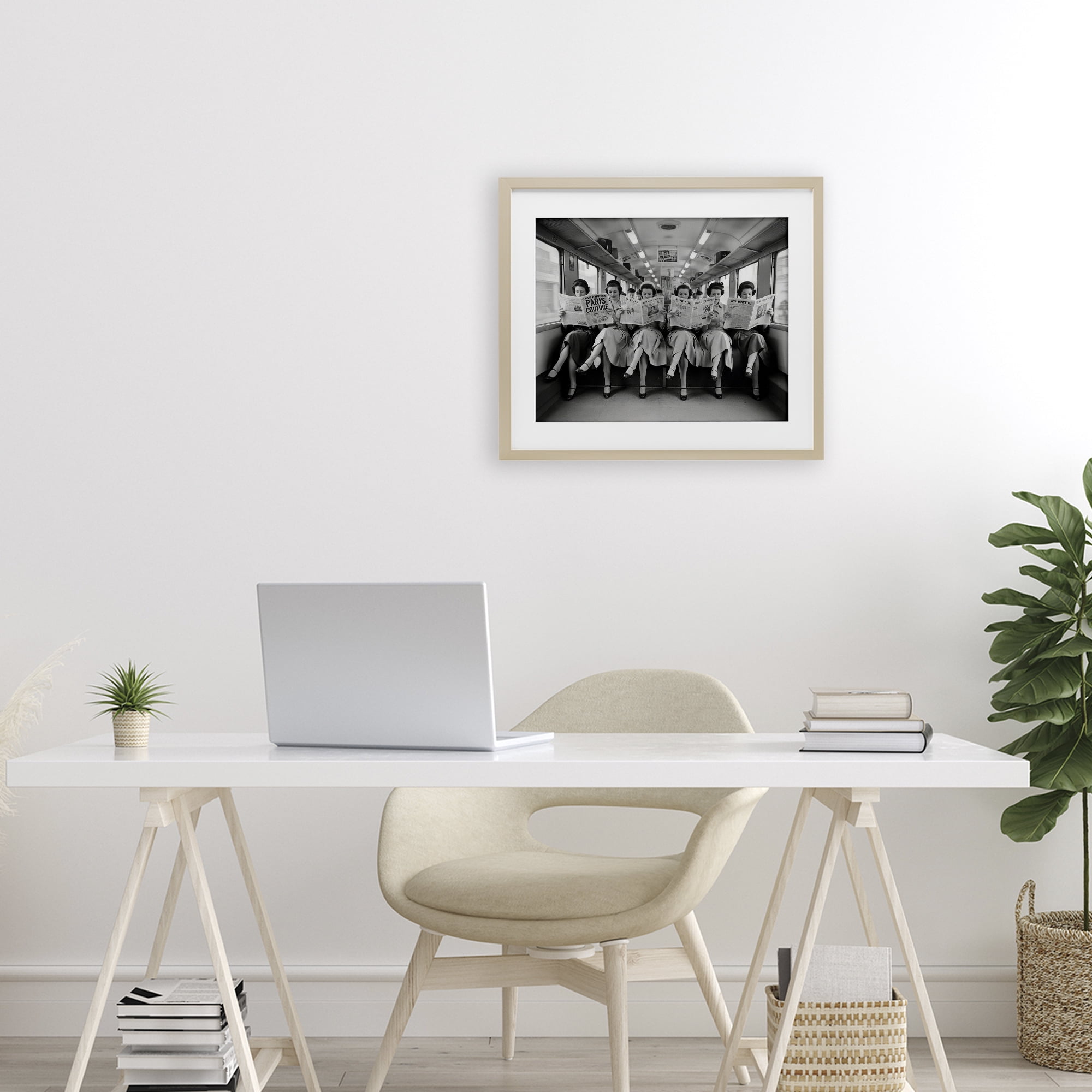 Stupell Industries Newsprint Ladies on Train Birch Framed Print Under Glass, design by A Barefoot Stylist