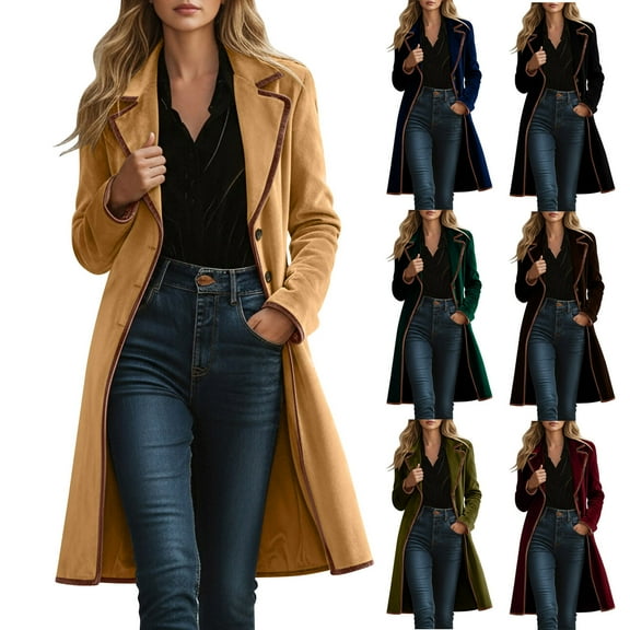 BiZtdJrK Army Green Women's Velvet Long Cardigans Winter Elegant Lapel Button Open Front Trench Pea Coat with Belt L