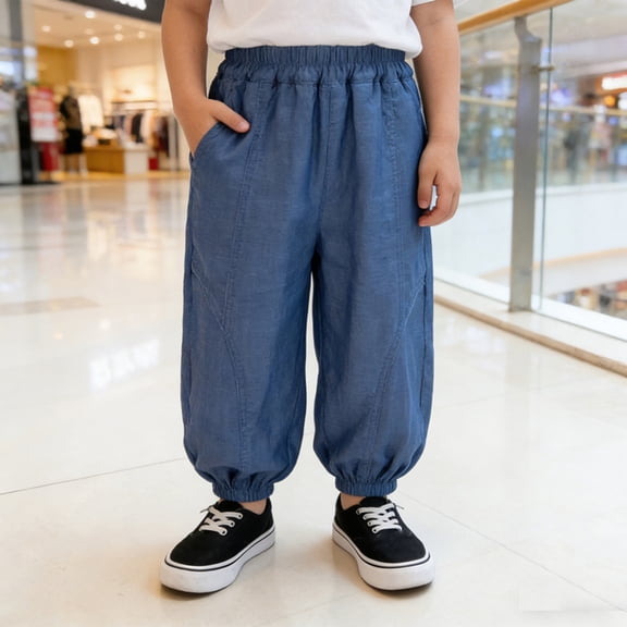 Boys Summer Lightweight Pants for Daily Casual Outdoor Wear - Loose Fit Joggers with Elastic Waist Breathable Long Trousers for 2-10 Years, 5-6 Years, Dark Blue