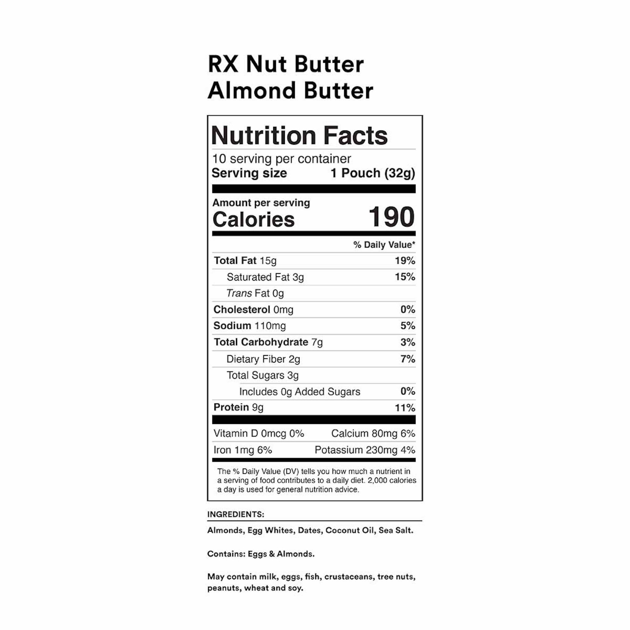 RX Nut Butter Gluten-Free Plain Almond Butter, Delicious Flavor, 10 Count