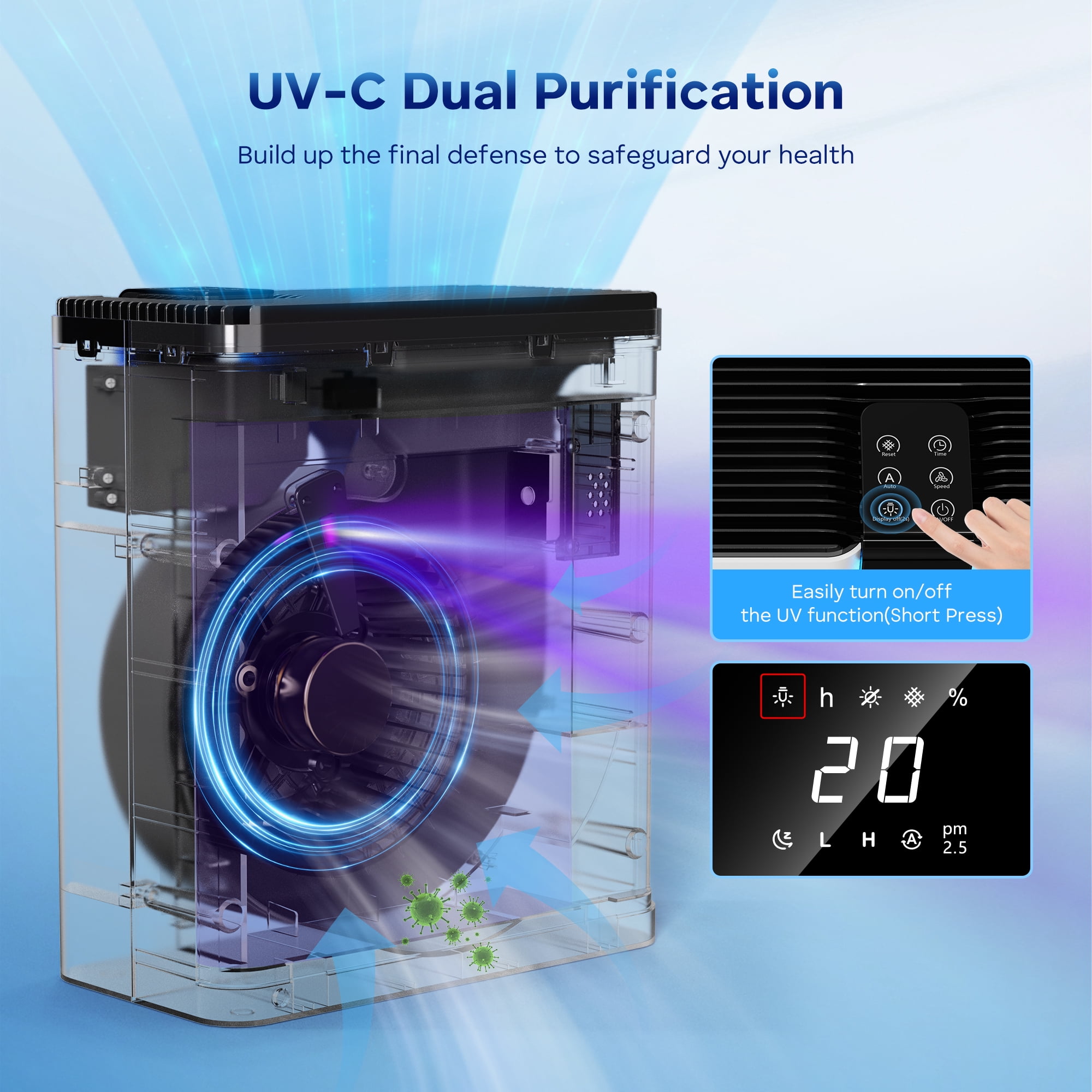 Kloudic Air Purifier for Home Large Room up to 1590 Sq.ft,with Air Quality Sensor,Auto Mode,Efficient HEPA Air Purifiers Filter 99.97% of Pollen Allergies Smoke Dust Reducer