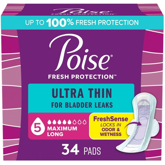 Poise Ultra Thin Long Length Incontinence Pads with Wings - 5 Drop Maximum - 34 ct (Packaging May Vary)