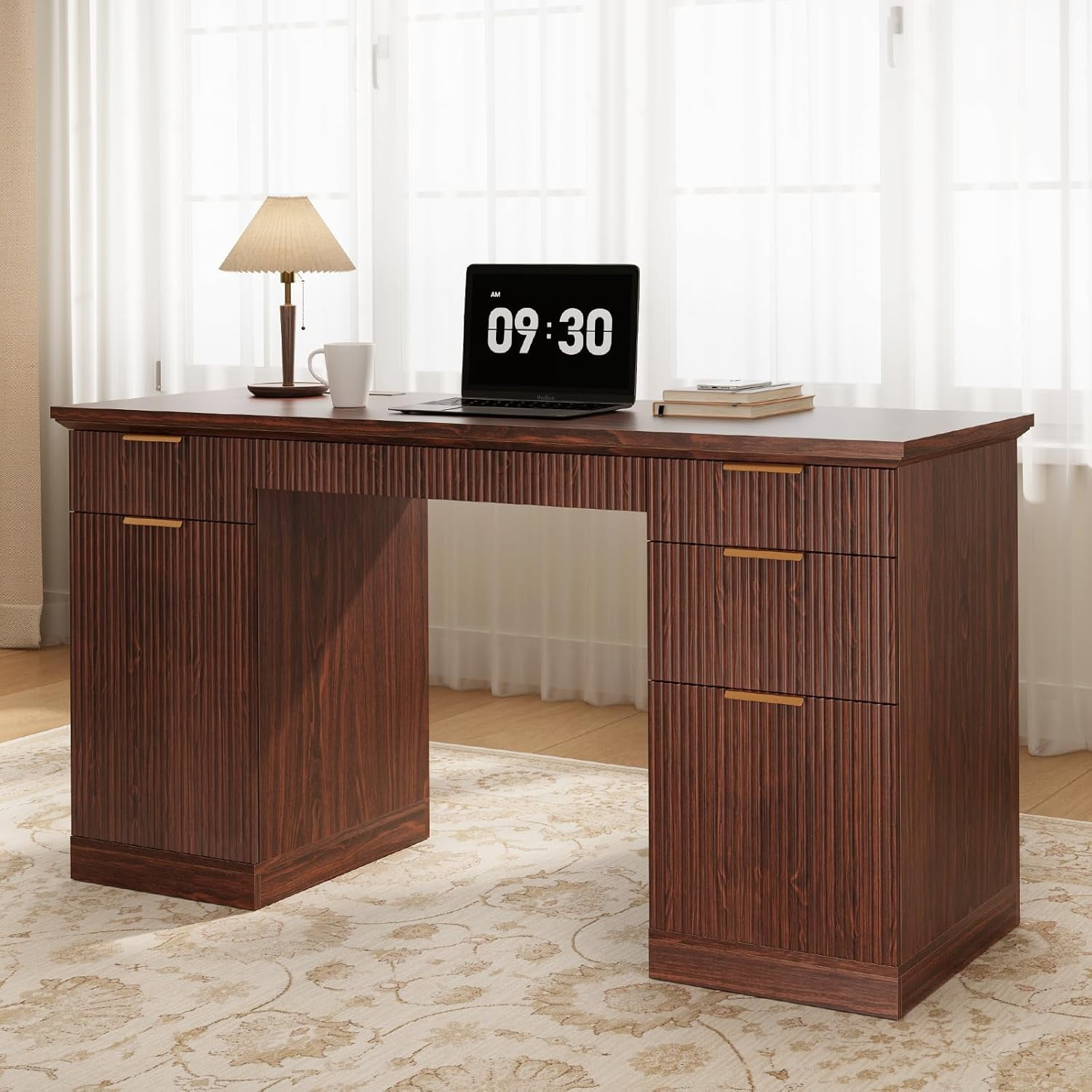SELOOYE 58" Fluted Modern Desk with Storage, Home Office Desk with 1 File Cabinet & 5 Drawers, Wood Executive Computer Writing Desk for Study, Living Room, Bedroom(Walnut)