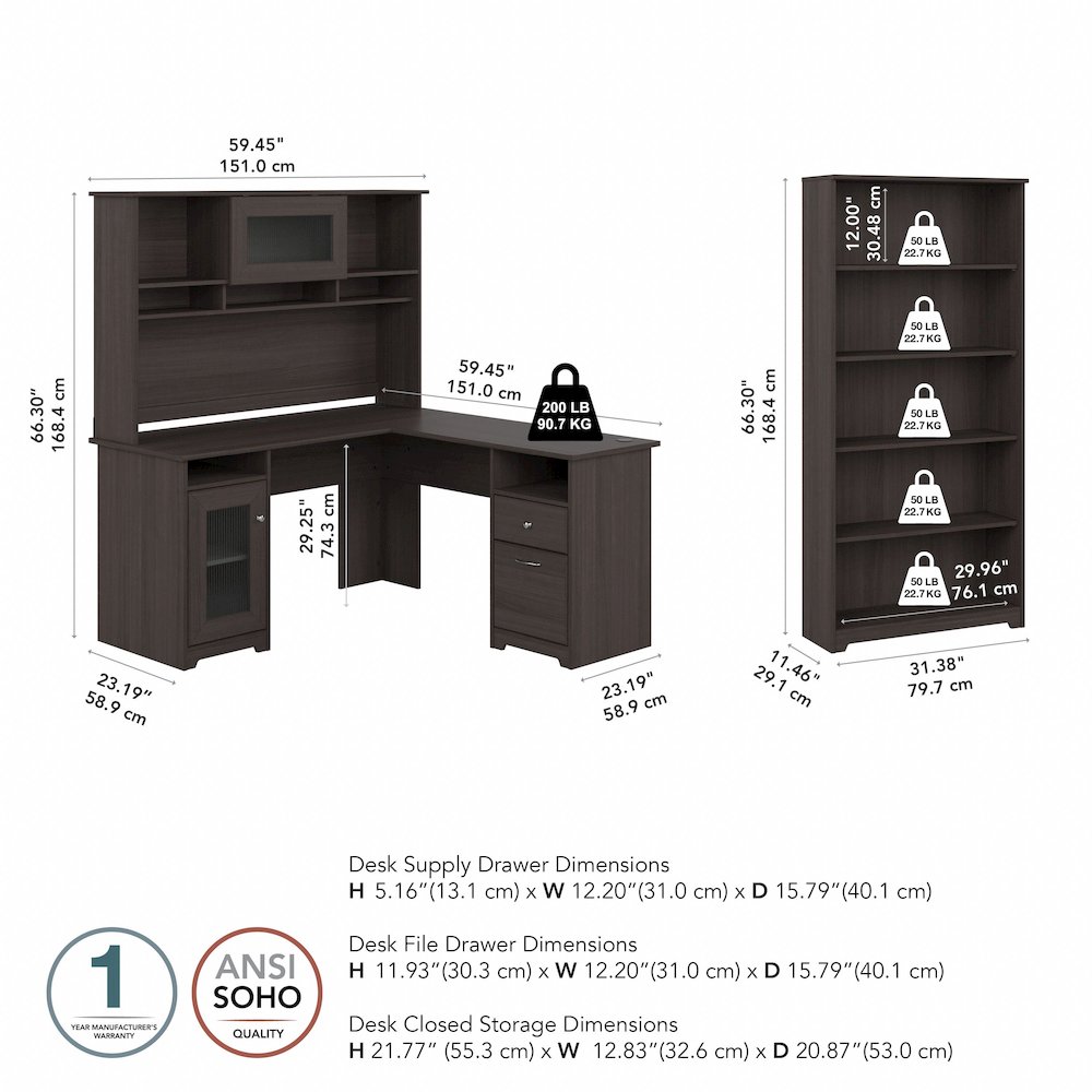 Cabot L Shaped Desk with Hutch and Bookcase in Heather Gray - Engineered Wood