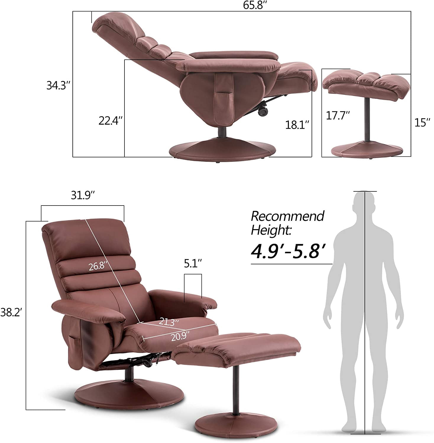 MCombo 360 Swivel Massage Recliner Chair with Ottoman for Living Room, Faux Leather, Brown