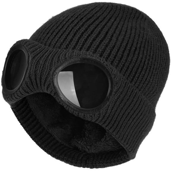 Beanie Hat with Goggles Unisex Plain Black Knit Windproof Winter Skull Cap Outdoor Sports