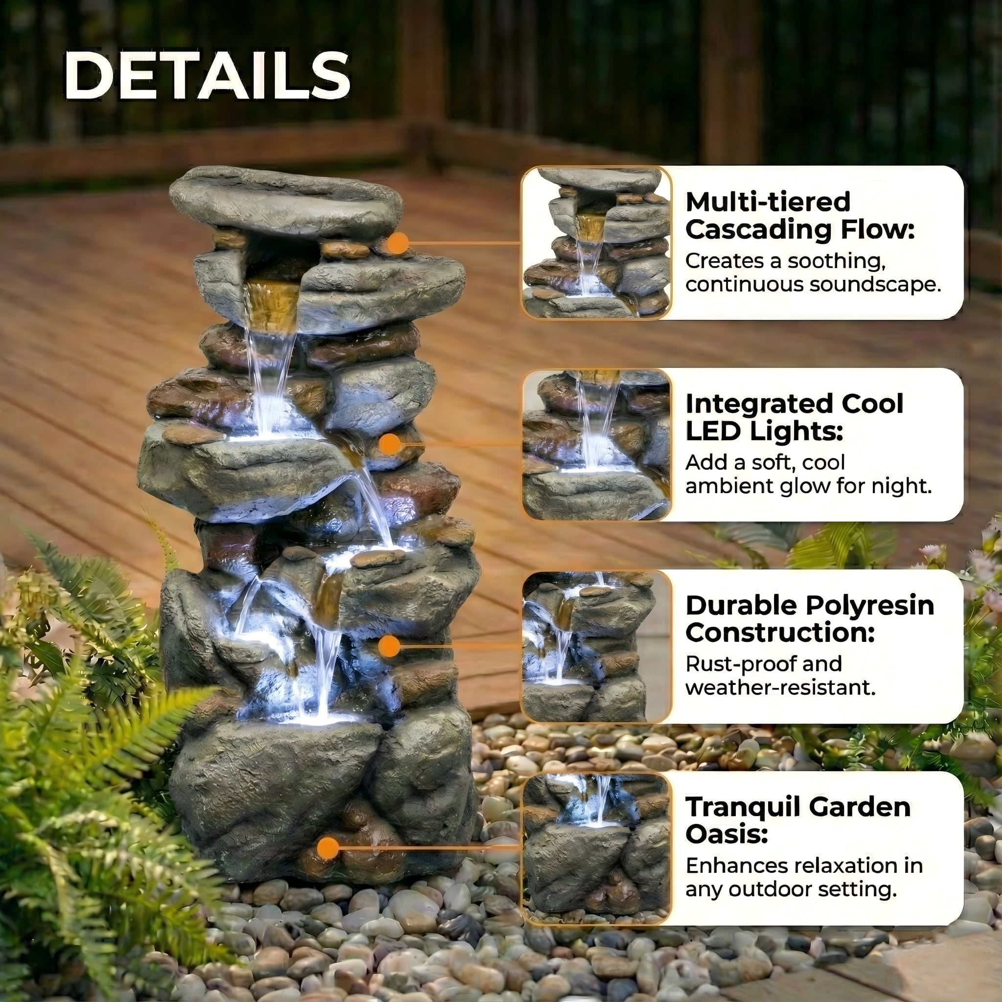 30" Outdoor Water Fountain with LED Lights - Resin Stone Look Tiered Fountain for Patio, Garden, Backyard, Entryway Decor - Grey