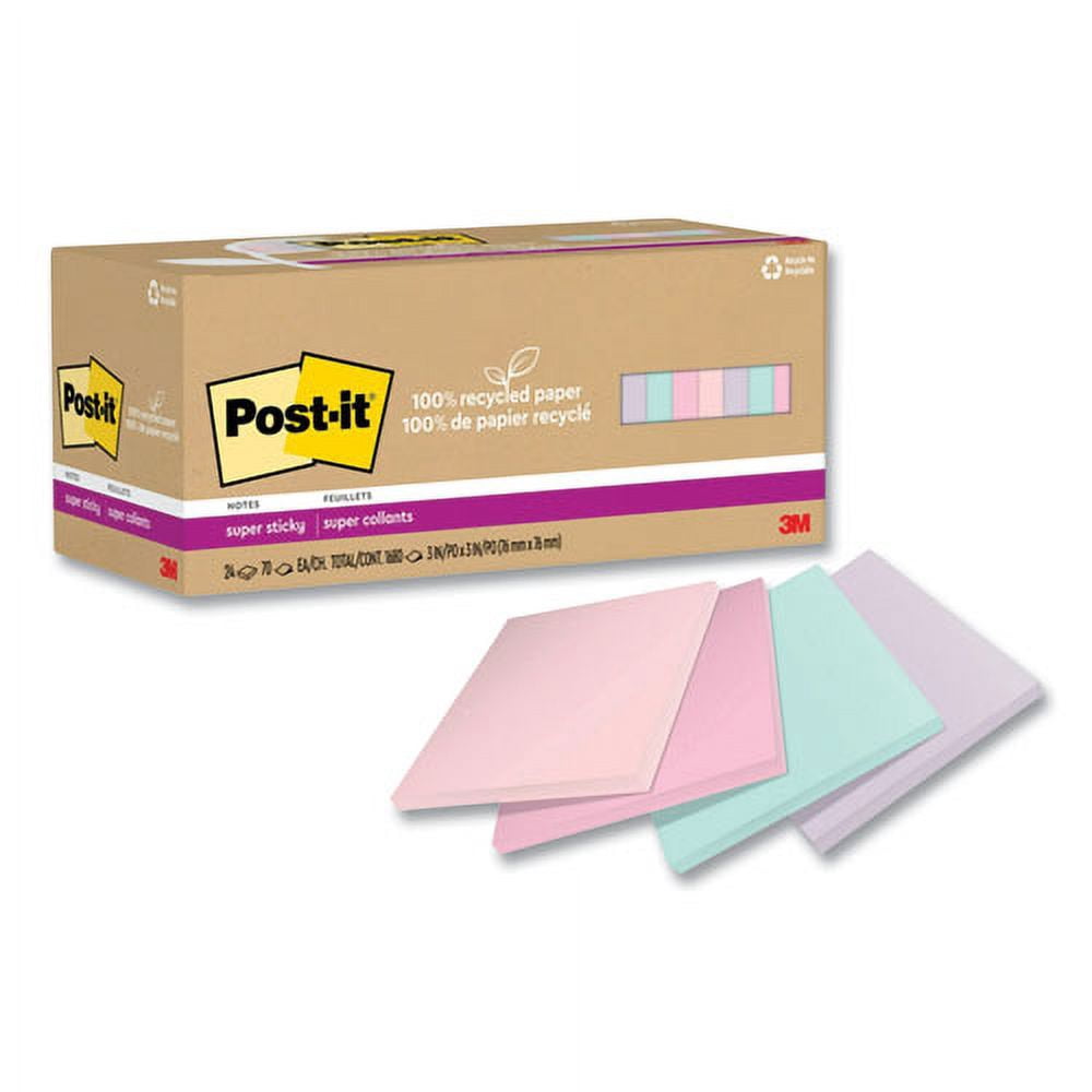100% recycled paper super sticky notes, 3" x 3", wanderlust pastels, 70 sheets/pad, 24 pads/pack | Bundle of 2 Packs