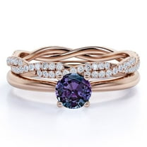 JeenMata 1 Carat Round Brilliant Cut Lab Created Alexandrite and Moissanite Modern Twisted - Unique Gemstone - Wedding Ring Set 18k Rose Gold over Silver