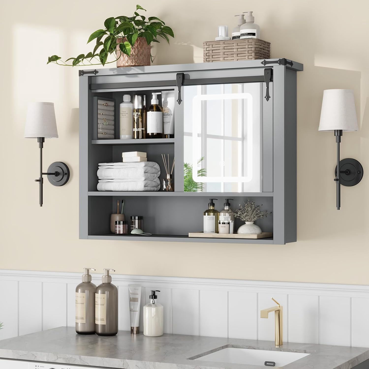 Vecenuy White Bathroom Wall Cabinet with Mirror, 3 Lighting Modes, Adjustable Brightness, Jewelry Holder, Sliding Door, Over Toilet Storage, Grey