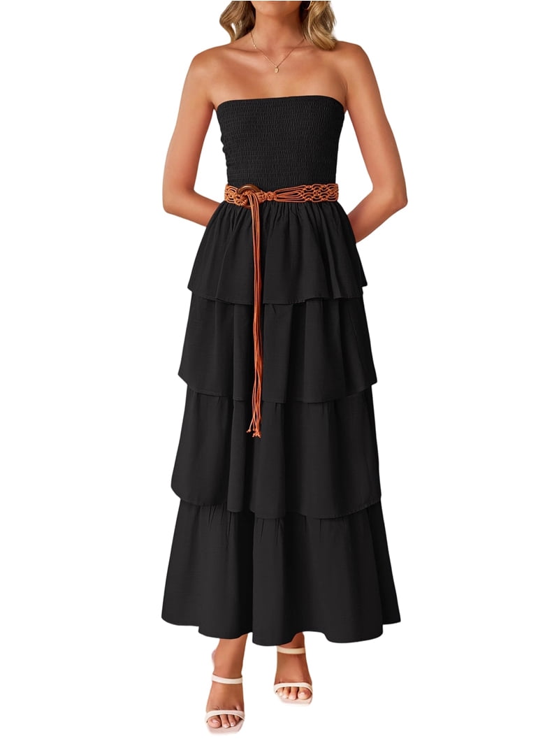 Women'S Summer Boho Strapless Maxi Dress Casual Sleeveless Off Shoulder  Beach Long Sundress White M