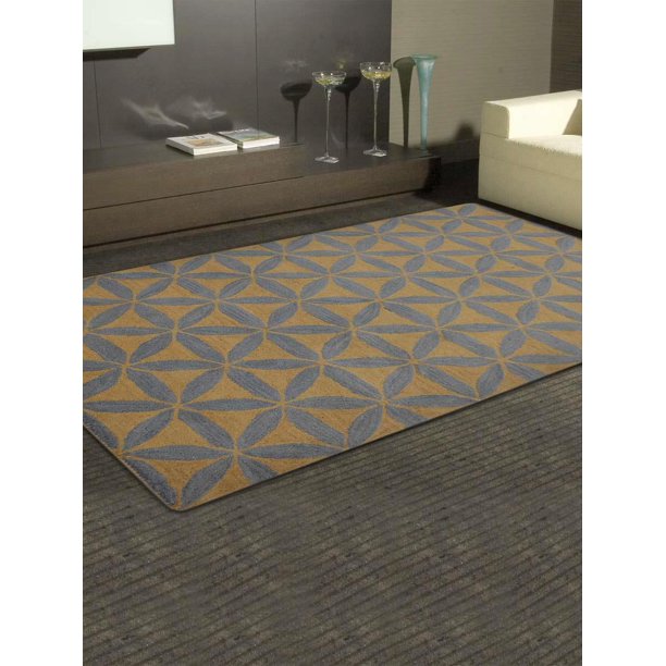 Rugsotic Carpets Hand Tufted Wool 9'x12' Area Rug Geometric Gold Blue