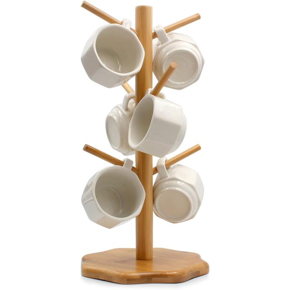 Asunby Bamboo Mug Holder Tree, Bamboo Mug Tree with Thicker Octagonal Base Coffee Cup Mug Stand for Counter, Countertop Organizer, Mug Rack with 6 Hooks - Beige
