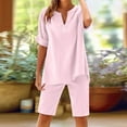 thumbnail image 2 of Feancey Linen Short Sets for Women Loose Fit Casual Shorts 2 Piece Outfits Button V Neck Shirt Lounge Set 2025 Summer Trendy Vacation OutfitPink L, 2 of 10