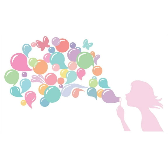 Home Living Room Nursery Art Soap Bubbles Decoration Multicolored & Different Shapes Design Vinyl Wall Decal Sticker - 19" x 30" Kids Girls Bedroom Young Girl Silhouette Design Removable Wall Decor