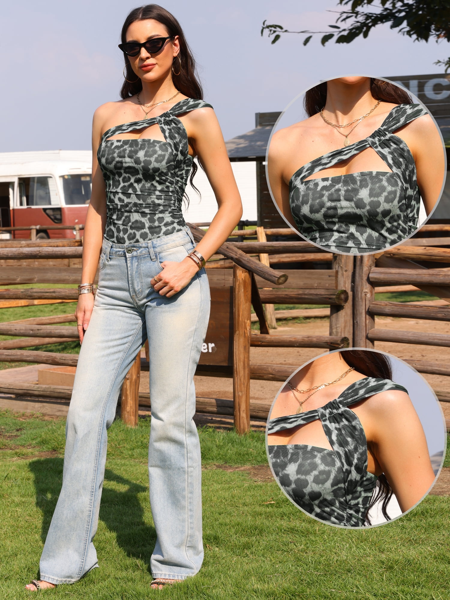 DARING DIVA Women's Leopard Print Mesh One Shoulder Bodysuit X-Large Gray