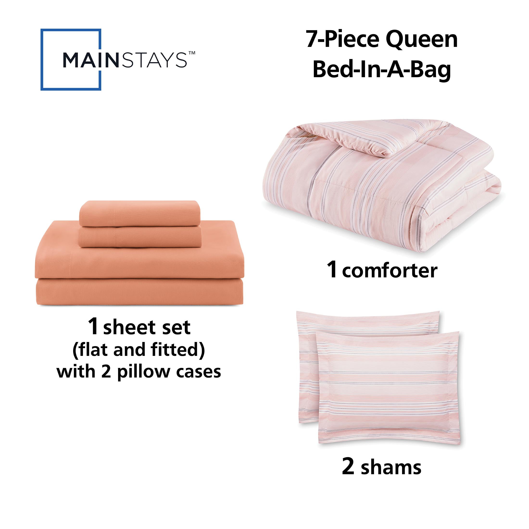 Mainstays All in One Reversible Comforter and Sheet set- 7 Piece, Queen, Orange Stripe